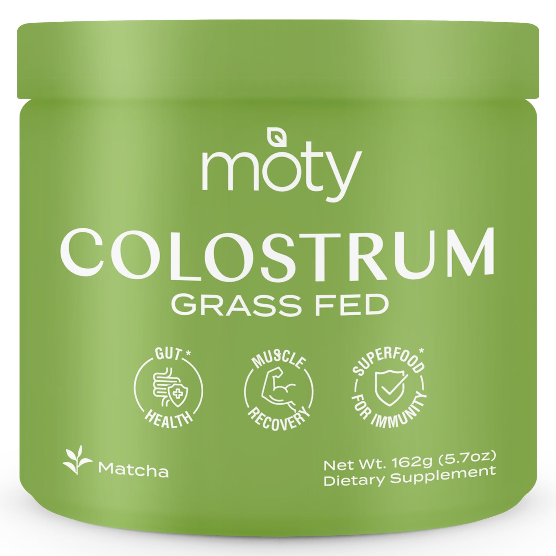 Moty Bovine Colostrum Grass Fed Powder Supplement for Gut Health Muscle Recovery Superfood for Immunity Gluten Free (60 Servings) - Matcha Flavored.