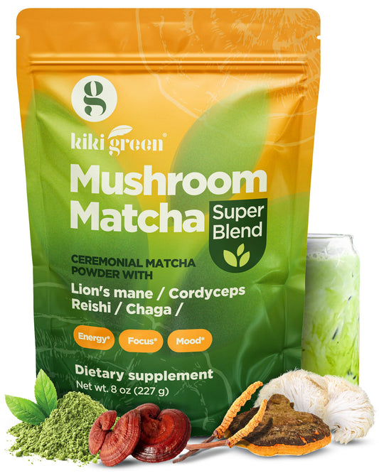 KIKI Green Mushroom Matcha - Super Blend Powder with Lions Mane Chaga Reishi Cordyceps - Coffee Alternative for Energy Focus Immunity - 8 oz 40 Servings.
