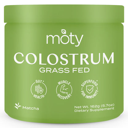 Moty Bovine Colostrum Grass Fed Powder Supplement for Gut Health Muscle Recovery Superfood for Immunity Gluten Free (60 Servings) - Matcha Flavored.